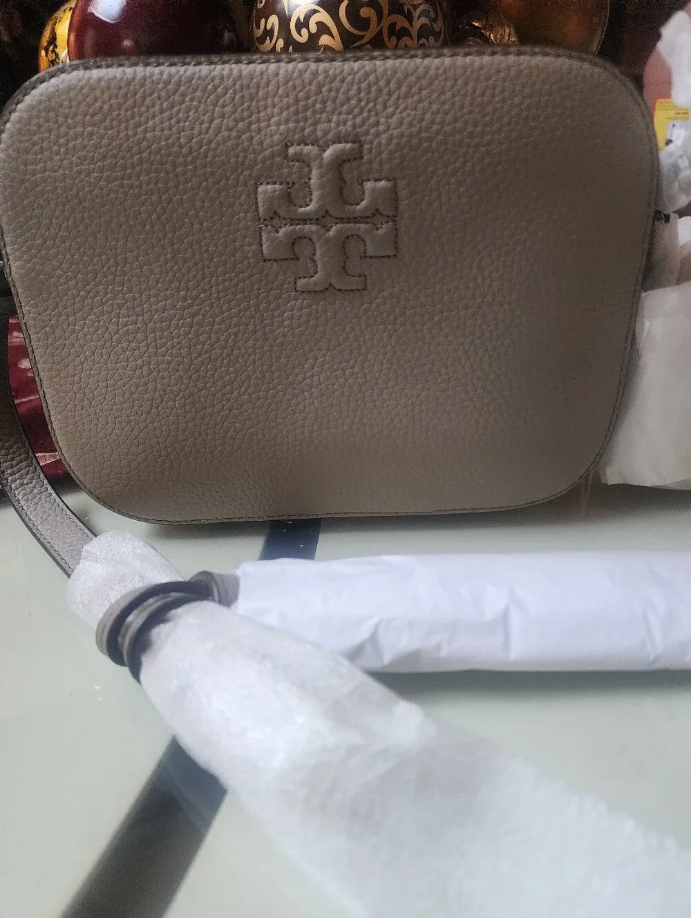 Tory Burch Taupe Pebbled Leather Logo Crossbody Bag NWT